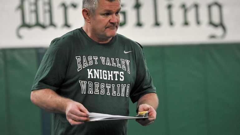 East Valley wrestling coach Craig Hanson instructs his athletes at team practice during January 2011. Hanson said fall wrestling season taking place this spring will be a modified one with time limits on close contacts. Masks will be worn because of the coronavirus pandemic. (DAN PELLE/The Spokesman-Review)