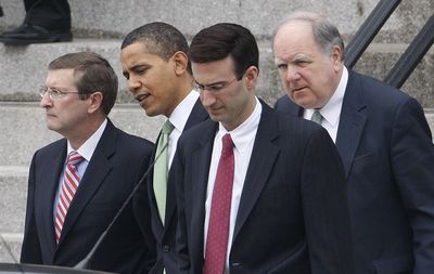 President Barack Obama walks with, from left, Sen. Kent Conrad, D-N.D., Budget Director Peter Orszag and Rep. John Spratt Jr., D-S.C., as they leave the Eisenhower Executive Office Building on Tuesday.  (Associated Press / The Spokesman-Review)