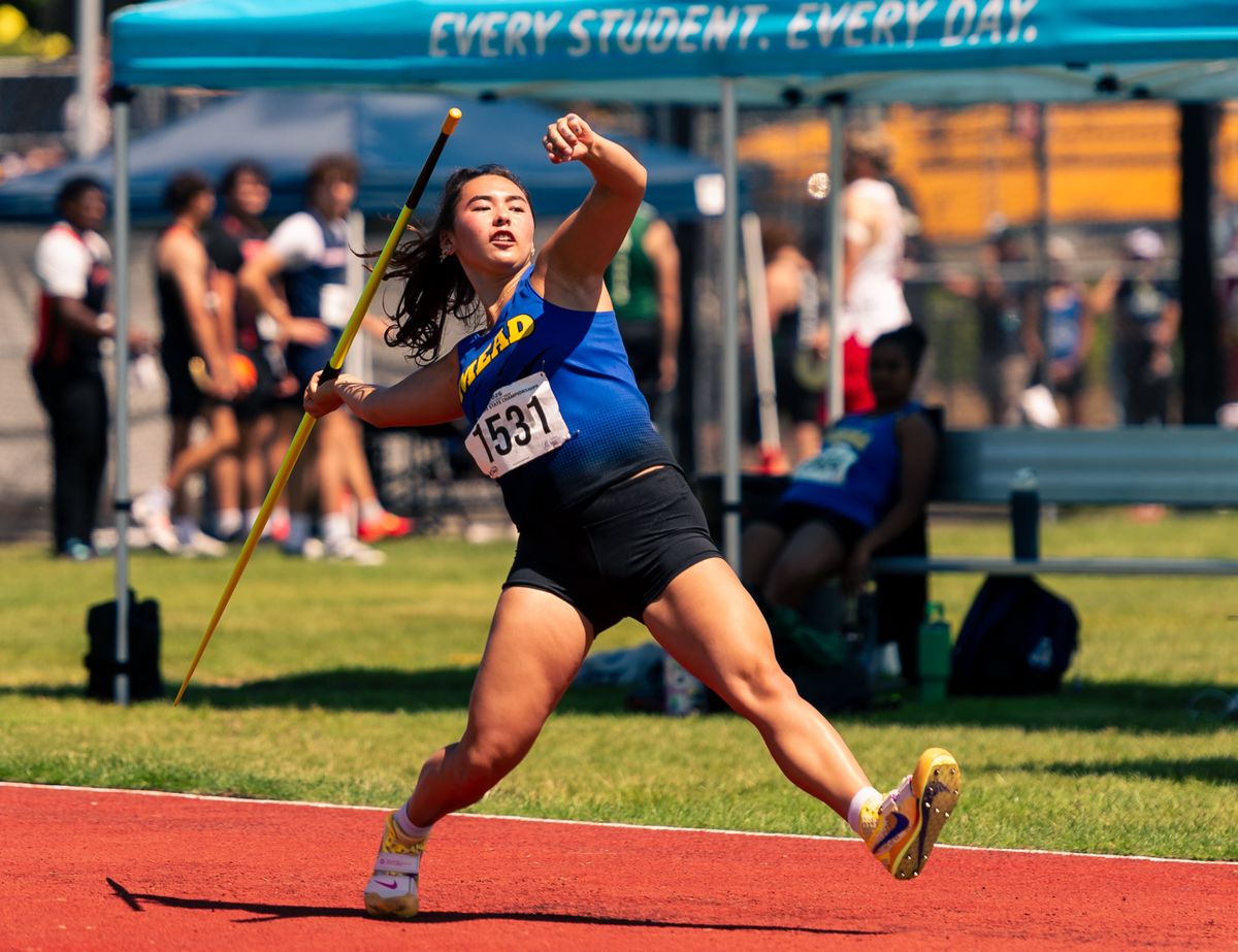 Mead’s Mercedes Gilroy launches an attempt of 142 feet, 3 inches in the 4A girls javelin at the WIAA State Track and Field Championships on Thursday at Mount Tahoma High School in Tacoma. (Joshua Hart)