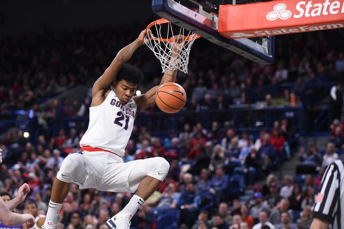 Gonzaga Bulldogs forward Rui Hachimura (21) dunks the ball during the first half of an NCAA college basketball game, Thurs., Jan. 11, 2018, in the McCarthey Athletic Center. (Colin Mulvany / The Spokesman-Review)