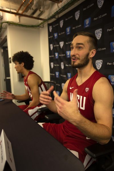 Washington State’s CJ Elleby, left, and Jeff Pollard speak during the Pac-12 NCAA college basketball media day Tuesday, Oct. 8, 2019 in San Francisco. (D. Ross Cameron / Associated Press)
