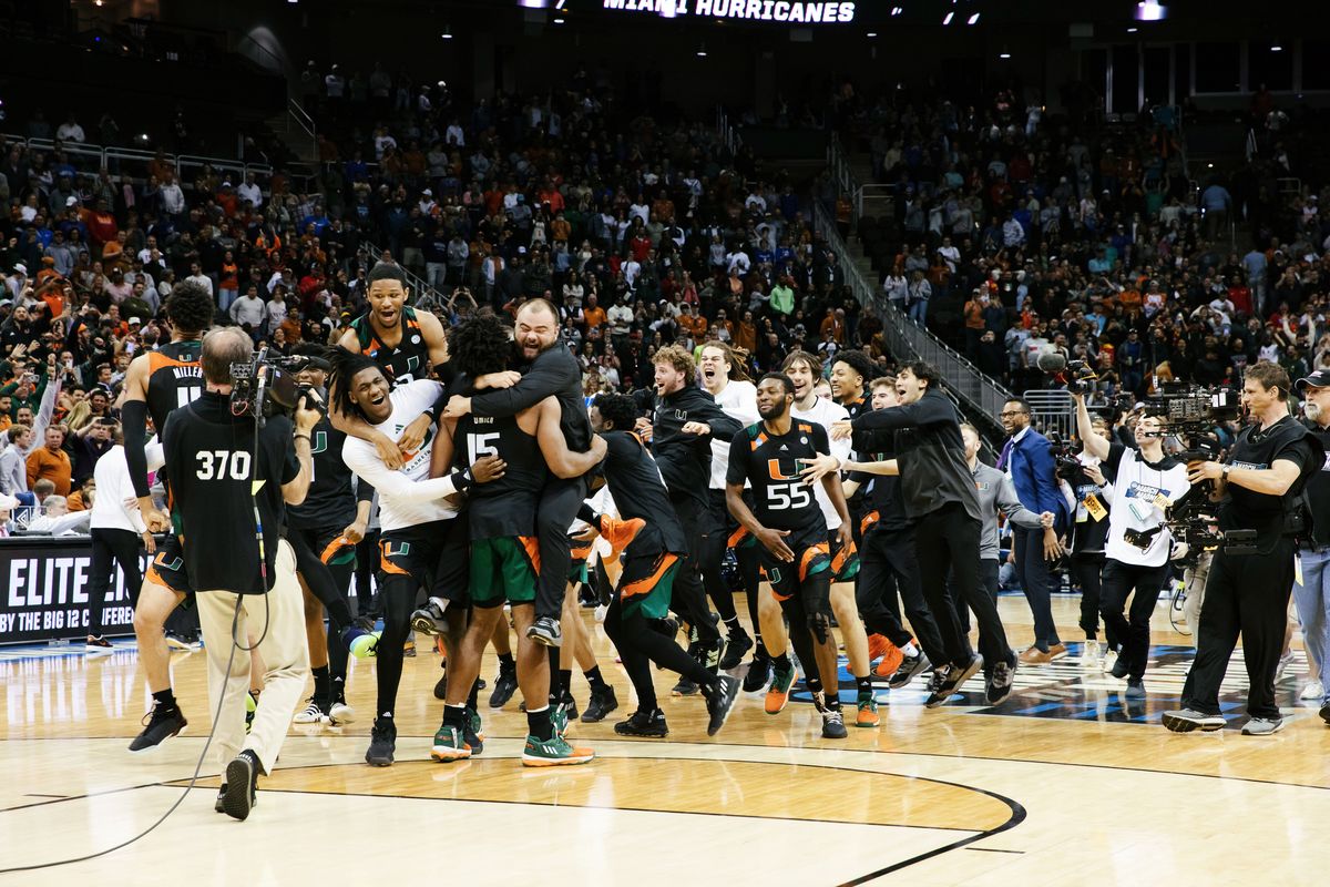The University of Miami Hurricanes celebrate their comeback win over the University of Texas Longhorns in Kansas City, Mo., on Sunday, March 26, 2023, to reach the Final Four. Miami won, 88-81. (Chase Castor/The New York Times.) (CHASE CASTOR)