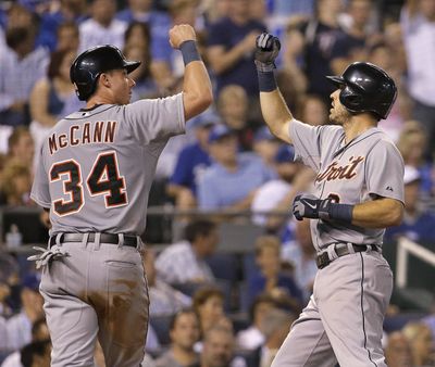 Detroit's Ian Kinsler, right, and James McCann celebrate after Kinsler’s two-run home run during the fifth inning. (Associated Press)