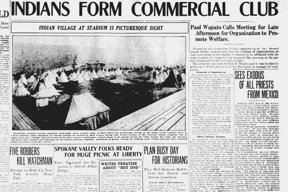 Hundreds of tribal members were camped in tepees at Glover Stadium in Peaceful Valley, and hundreds of Spokane residents were visiting the village every day for the National Indian Congress, the Spokane Daily Chronicle reported on July 22, 1926.  (Spokesman-Review archives)