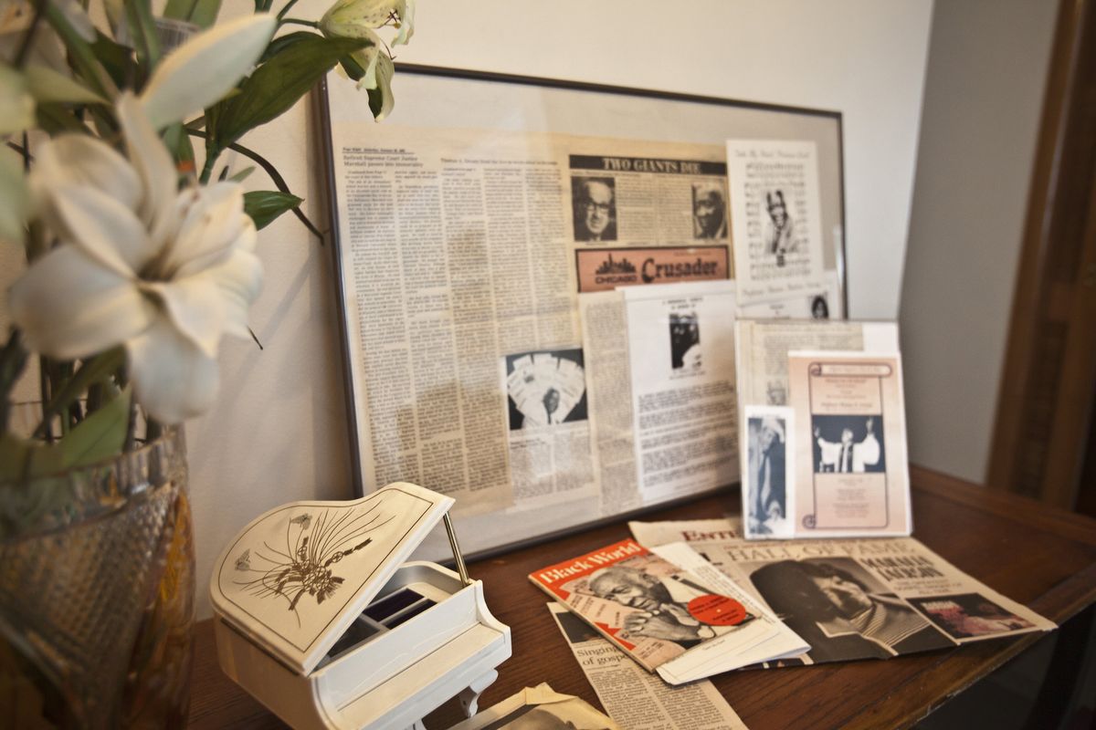 Photos, news clippings and rare early blues recordings of gospel pioneer Thomas A Dorsey, who wrote the classic “Precious Lord,” are among the mementos kept by his son Thomas M. Dorsey at his Oak Park, Mich., home.