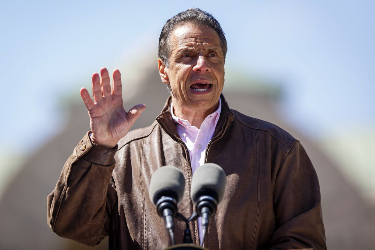 New York Gov. Andrew Cuomo speaks during a news conference, Monday, April 26, 2021 at the New York State Fair Grounds in Syracuse, N.Y. In his first face-to-face encounter with journalists in months, Cuomo flatly denied he had done anything inappropriate with any of the women who have accused him of sexual harassment.  (N. Scott Trimble)