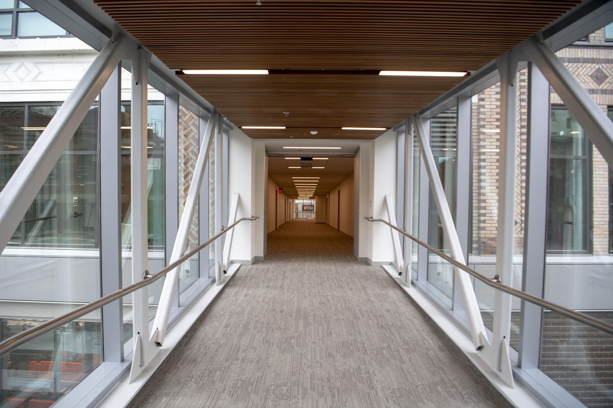 The skywalk system shown Friday, Oct. 5, 2018, now connects through the M building, the former Macy’s, allowing pedestrians to walk from River Park Square to the Bennett Block on Howard Street. (Jesse Tinsley / The Spokesman-Review)