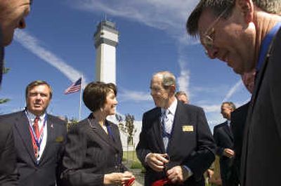 
Rep. Cathy McMorris Rodgers  talks with David Clack of the Spokane Airport Board after the dedication of the new  tower. At left is Neal Sealock, director of the Spokane International Airport. 
 (Christopher Anderson / The Spokesman-Review)