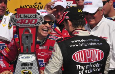 Mark Martin, left, is the happiest guy in NASCAR these days.  (Associated Press / The Spokesman-Review)