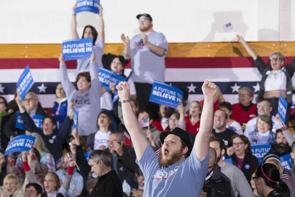 A supporter cheers after Democratic presidential candidate Sen. Bernie Sanders, I-Vt., is announced the winner of the New Hampshire primary during a watch party at Concord High School, Tuesday, Feb. 9, 2016, in Concord, N.H. (John Minchillo / Associated Press)