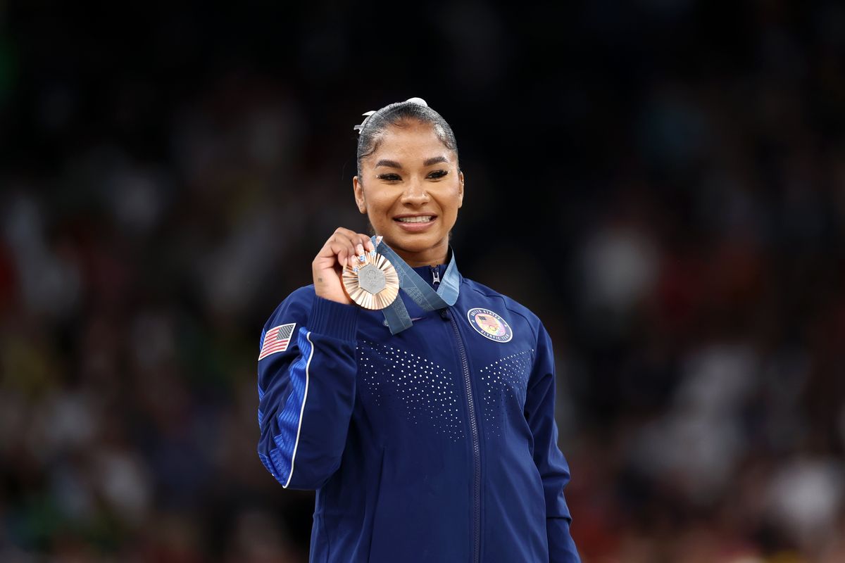 Jordan Chiles of Team USA looks on with her Bronze Medal from the Women