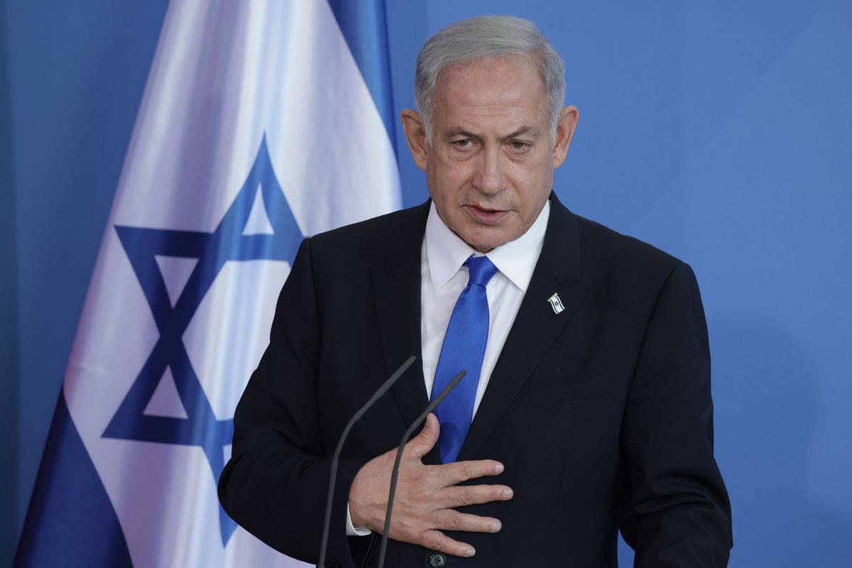 Israeli Prime Minister Benjamin Netanyahu speaks to the media on March 16 in Berlin.  (Sean Gallup)
