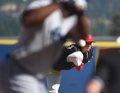 Indians pitcher Tyler Phillips delivers a pitch to an Everett batter during a game earlier this season in Spokane. (Jesse Tinsley / The Spokesman-Review)