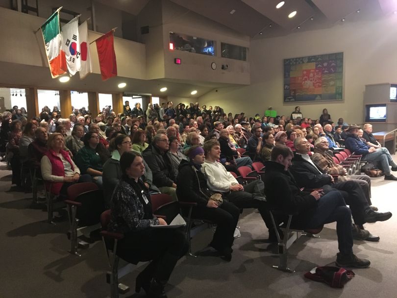 A crowd looks on Monday, Jan. 30, 2017, as the Spokane City Council prepares to consider an ordinance that would prohibit public employees from participating in the creation of a database of citizens based on faith. President Donald Trump said he would create such a database as a measure of protection against radical Islamic terrorists, but so far has not directed any federal, state or local official to do so during his first few days in office.  (Kip Hill)
