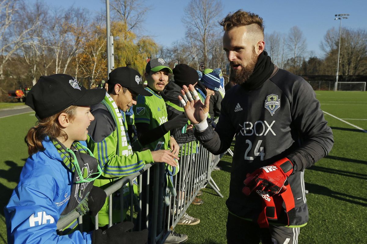 In this Dec. 7, 2016, Seattle Sounders goalkeeper Stefan Frei greets fans after training in Tukwila, Wash. The Sounders are scheduled to face Toronto FC in the MLS Cup on Saturday, Dec. 10, 2016, in Toronto. (Ted S. Warren / Associated Press)