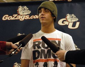 Matt Bouldin responds to questions at a press conference Sunday, March 15, 2009, after it was announced that the Gonzaga Bulldogs would play the Akron Zips in the first-round of the NCAA men's basketball tournament in Portland Thursday.  (J. Bart Rayniak / The Spokesman-Review)