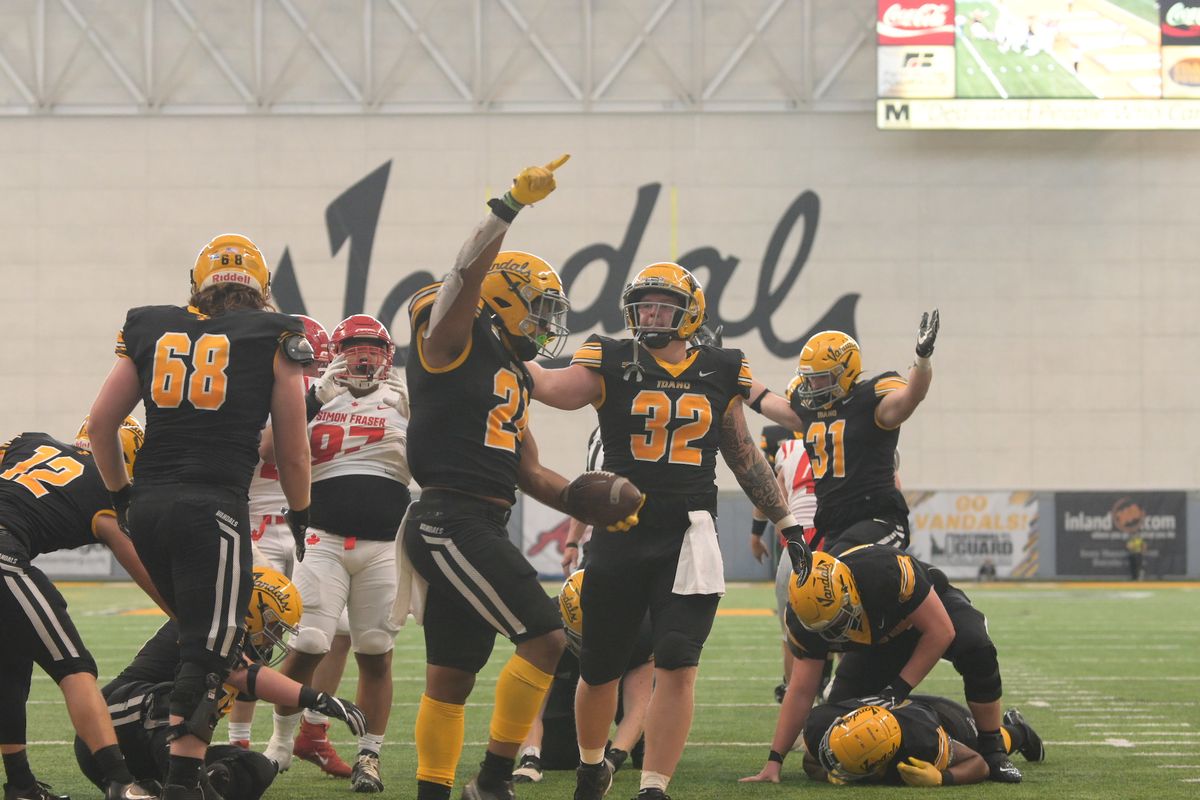 Idaho running back Roshaun Johnson celebrates a touchdown against Simon Fraser Saturday in Moscow, Idaho. Johnson rushed for three touchdowns.  (Courtesy Idaho Athletics)