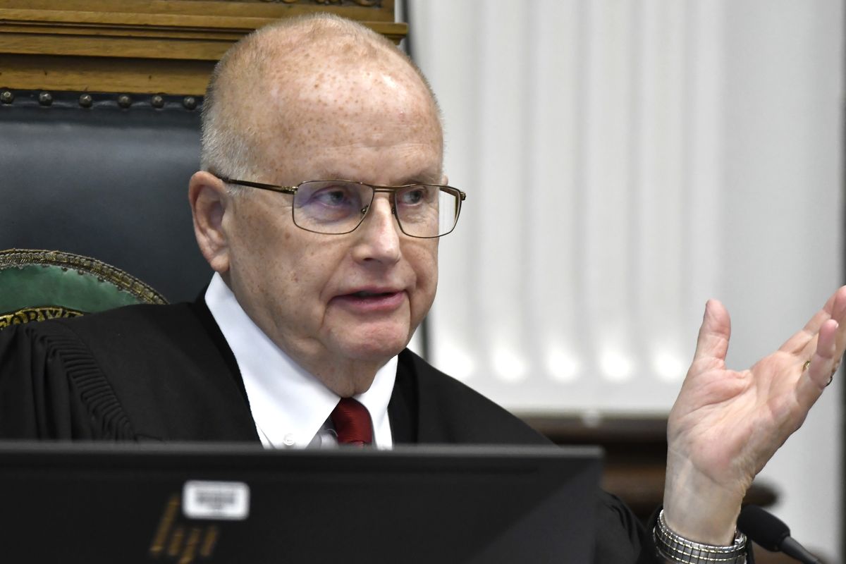 Judge Bruce Schroeder presides over a motion hearing, Tuesday, Oct. 5, 2021, in Kenosha, Wis., for Kyle Rittenhouse, who is accused of shooting three people during a protest against police brutality in Wisconsin last year.  (SEAN KRAJACIC)