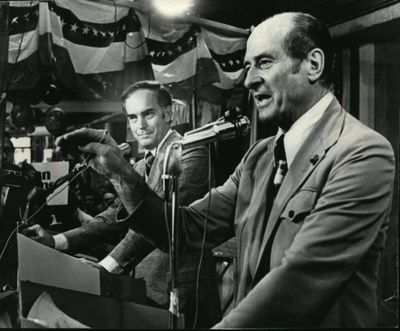Then-Gov. Dan Evans, a Republican, and Former Washington Gov. Albert Rosellini, a Democrat, debate in October 1972. Evans defeated Rosellini in the November election, winning a third term.  (Cowles Publishing)