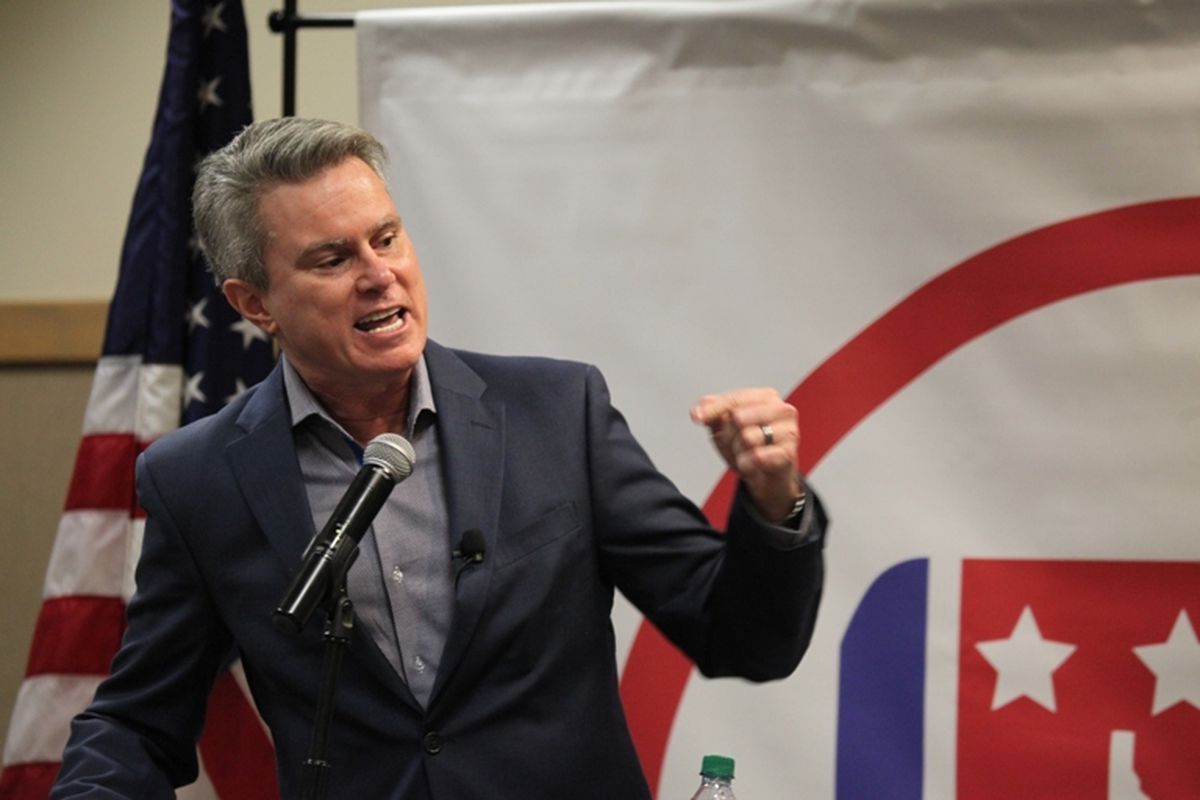 Humorist Bill Whittle fires up the crowd of Idaho Republicans who came to hear him speak in Coeur d