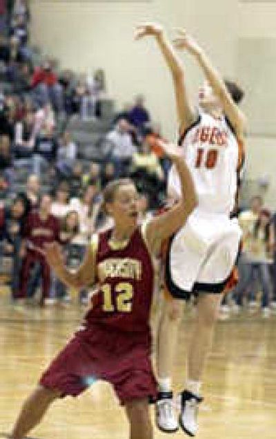 
LC's Katelan Redmon shoots over University High's Angie Bjorklund in a game earlier this season. 
 (Courtesy of Varsity Images at Lewis and Clark High. / The Spokesman-Review)