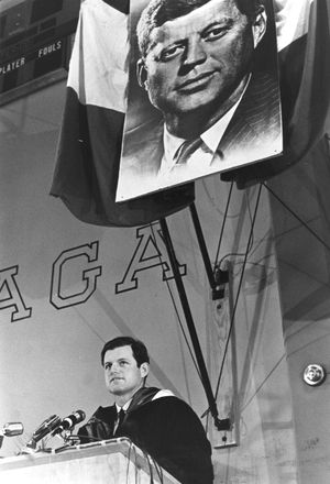 Sen. Edward Kennedy is shown in  this 1965 photo at Gonzaga University.  Kennedy was the keynote speaker at the dedication of Kennedy Pavilion on the Gonzaga campus.  The pavilion was named in honor of John F. Kennedy.  Sen. Kennedy was awarded an honorary degree prior to his introduction.  FILE The Spokesman-Review (Photo Archive / The Spokesman-Review)