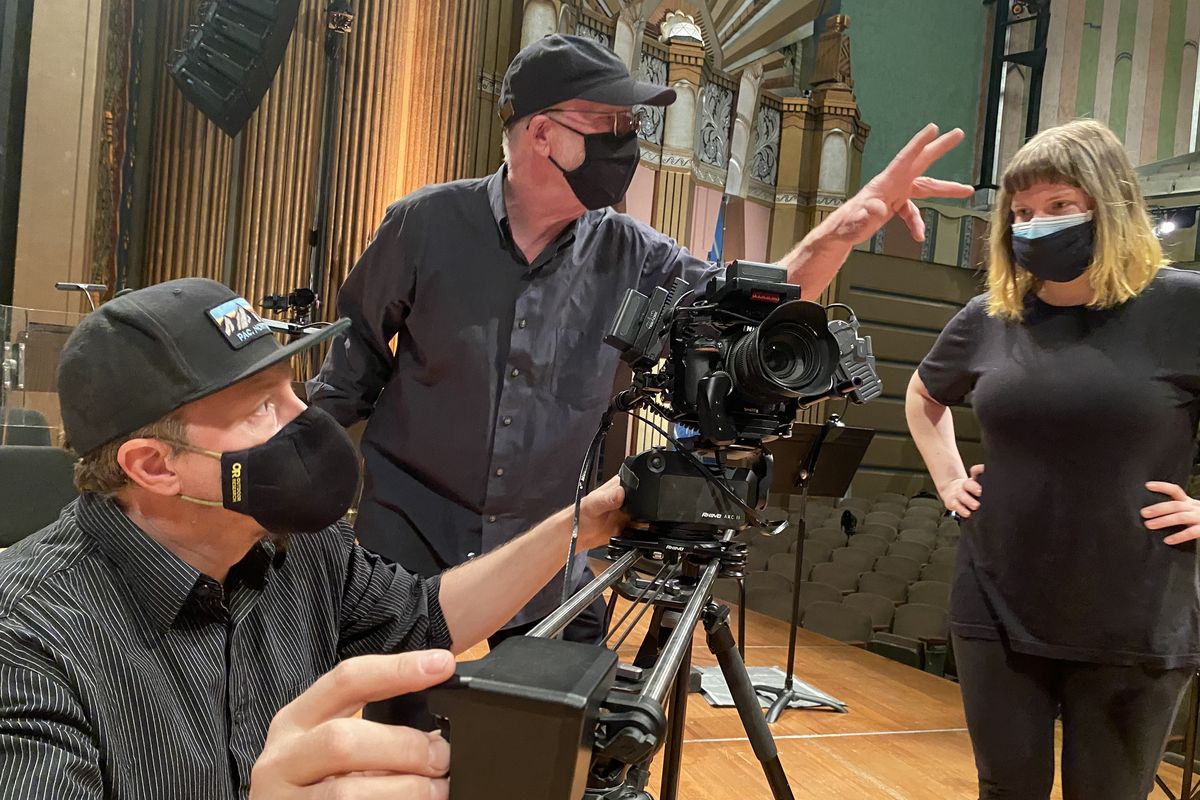 Hamilton Studio’s Matt Vielle, Don Hamilton and Hannah Sander film the Spokane Symphony’s “Overtones” at Martin Woldson Theater at the Fox earlier this month.  (Hamilton Studio)