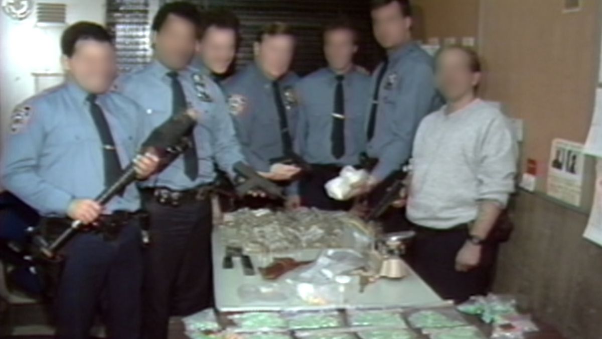 Police officers after a large drug bust during the 1980s in an image from “Crack: Cocaine, Corruption & Conspiracy.”  (Netflix)