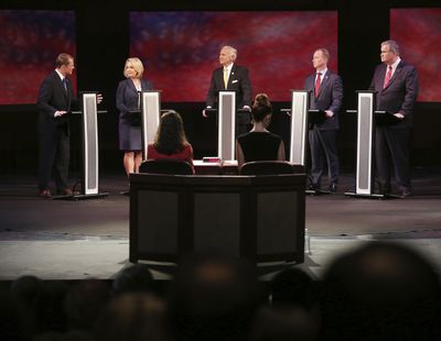 In this June 5, 2018  photo, Republicans Lt. Gov. Kevin Bryant, from left, Catherine Templeton, Gov. Henry McMaster, John Warren and Yancey McGill participate in a gubernatorial primary debate at the University of South Carolina in Columbia, S.C. (Grace Beahm Alford / Associated Press)