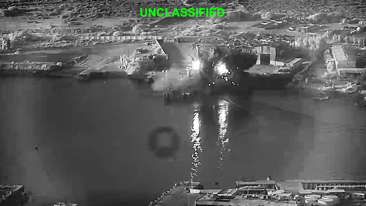 In this handout footage provided by the U.S Department of Defense, U.S. sea drones strike a submarine and a ship maintenance facility on July 13, 2026, in an undisclosed area of Iran.   (Handout/Getty Images North America/TNS)