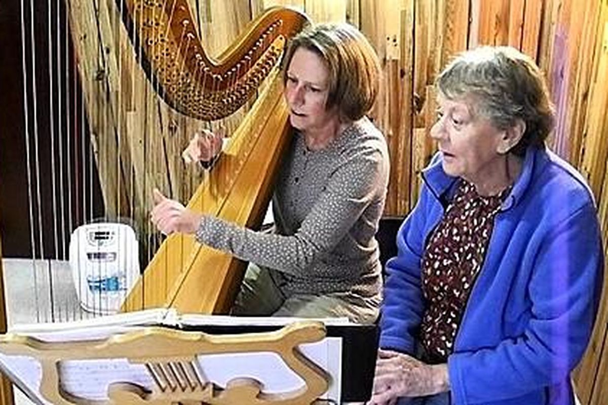 Kim Davidson plays the harp for her mother, Joan Davidson, who suffered from Alzheimer’s disease. Davidson died Dec. 16. She was 85. (Picasa / Courtesy photo)