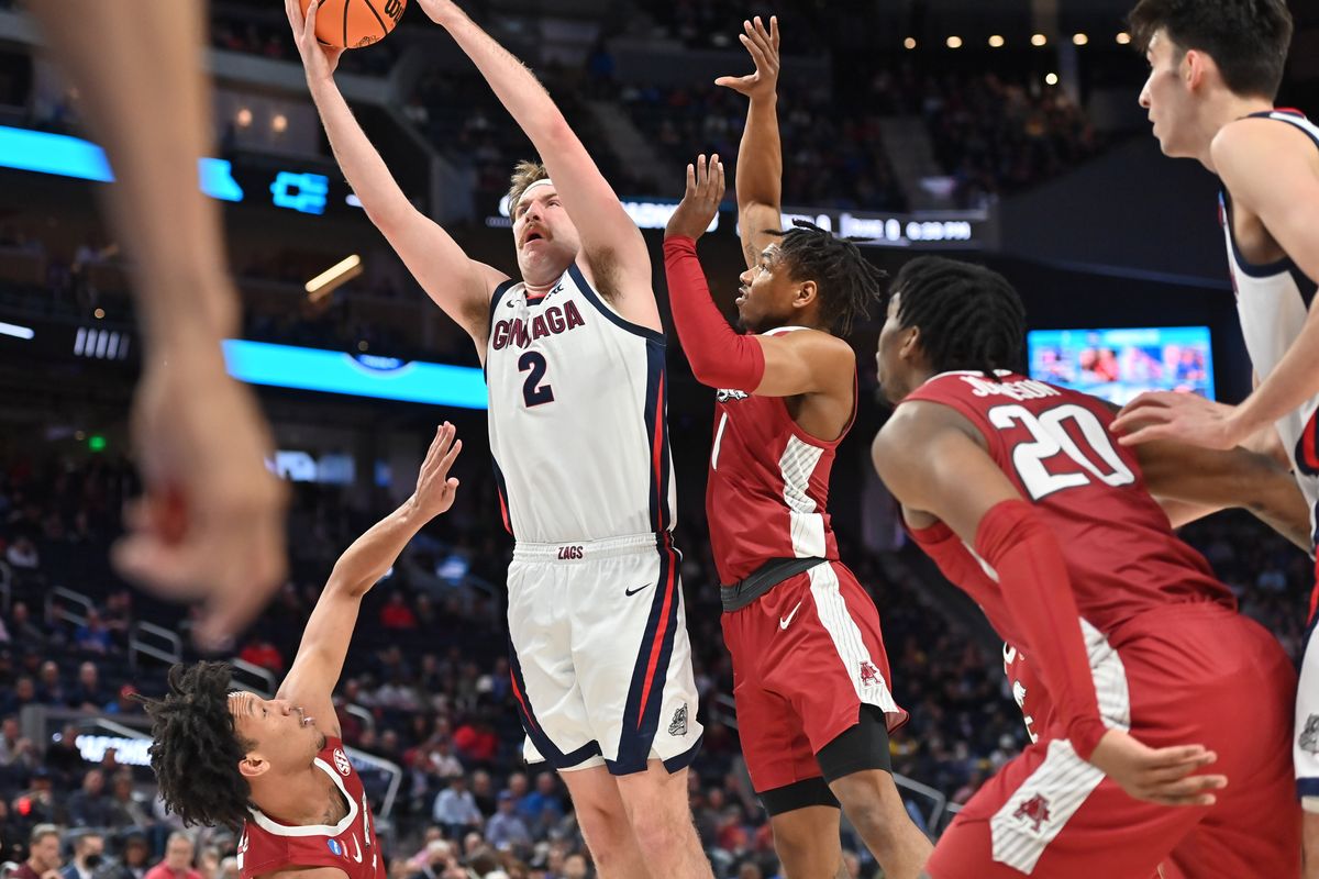 Gonzaga forward Drew Timme rebounds during the first half of Thursday’s 74-68 loss to Arkansas in San Francisco. Timme finished with a game-high 25 points and added seven rebounds.  (Tyler Tjomsland/The Spokesman-Review)