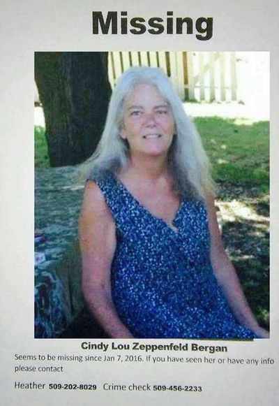 A poster displayed on Facebook after Cindy Lou Zeppenfeld Bergan went missing in 2016 asks anyone with information to contact the police. Bergan’s body was found wrapped in plastic on the side of the road near Cataldo, Idaho. Her daughter disagrees with a Spokane Medical Examiner’s Office assessment that Bergan died of “natural” causes. (Facebook)