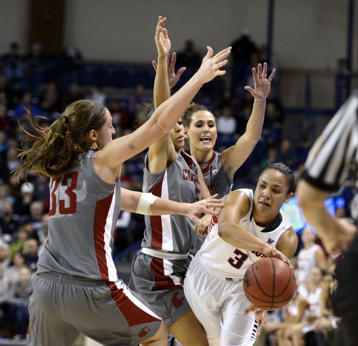 Gonzaga’s Haiden Palmer tries to beat the half-court pressure from, from left, Cougars Carly Noyes, Tia Presley and Brandi Thomas in the second half at the Zags’ McCarthey Athletic Center. (Dan Pelle)