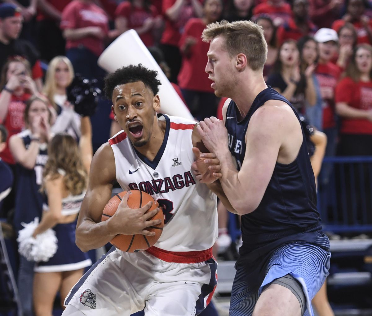 Gonzaga forward Johnathan Williams takes San Diego forward Cameron Neubauer to the basket, Thursday, Feb. 1, 2018, in the McCarthey Athletic Center. (Dan Pelle / The Spokesman-Review)