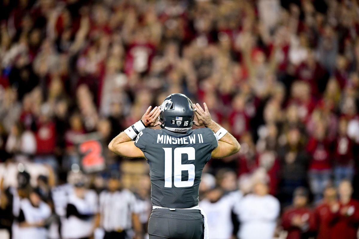 Washington State Cougars quarterback Gardner Minshew (16) rallies the crowd as WSU runs out the clock to defeat Oregon during the second half of a college football game on Saturday, October 20, 2018, at Martin Stadium in Pullman, Wash. WSU won the game 34-20. 
Tyler Tjomsland/THE SPOKESMAN-REVIEW ORG XMIT: SR1810202124336642 (Tyler Tjomsland / The Spokesman-Review)