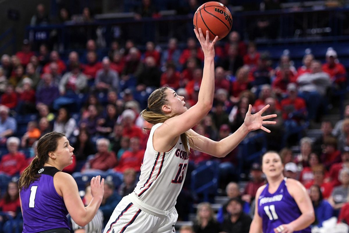 Gonzaga forward Jill Barta (13) makes a layup during the first half of a NCAA college basketball game, Thurs., Jan. 25, 2018, in the McCarthey Athletic Center. (Colin Mulvany / The Spokesman-Review)