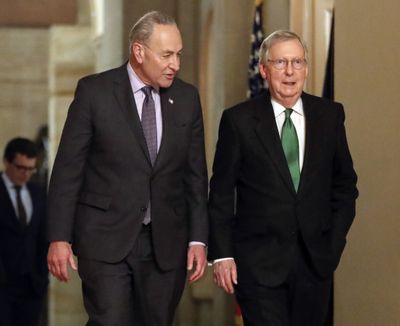 Senate Majority Leader Chuck Schumer, D-N.Y., left, and Senate Minority Leader Mitch McConnell, R-Ky., walk to the chamber at the Capitol in Washington.  (Pablo Martinez Monsivais/Associated Press)