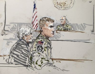 Staff Sgt. Calvin Gibbs, center, is depicted in this courtroom sketch  in a military courtroom on Joint Base Lewis-McChord. At left is Phillip Stackhouse, Gibbs’ civilian attorney; at right is presiding officer Col. Thomas P. Molloy, who is overseeing the hearing.  (Associated Press)