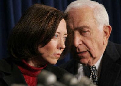 
Sen. Frank Lautenberg, D-N.J., huddles with Sen. Maria Cantwell, D-Wash., during a news conference on Monday to protest a move to include an arctic oil and gas drilling provision in the defense spending bill. 
 (Associated Press / The Spokesman-Review)
