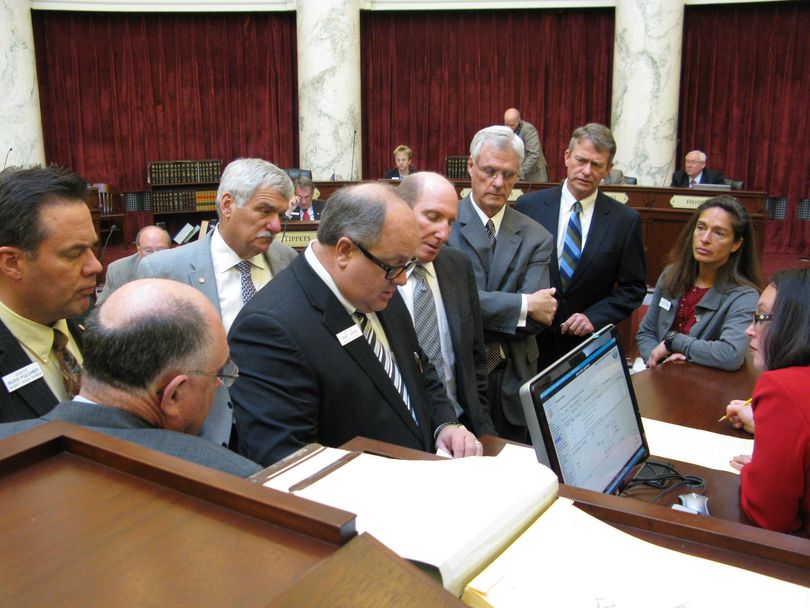 Senate leaders gather with Senate Secretary Jennifer Novak on Wednesday morning (Betsy Russell)