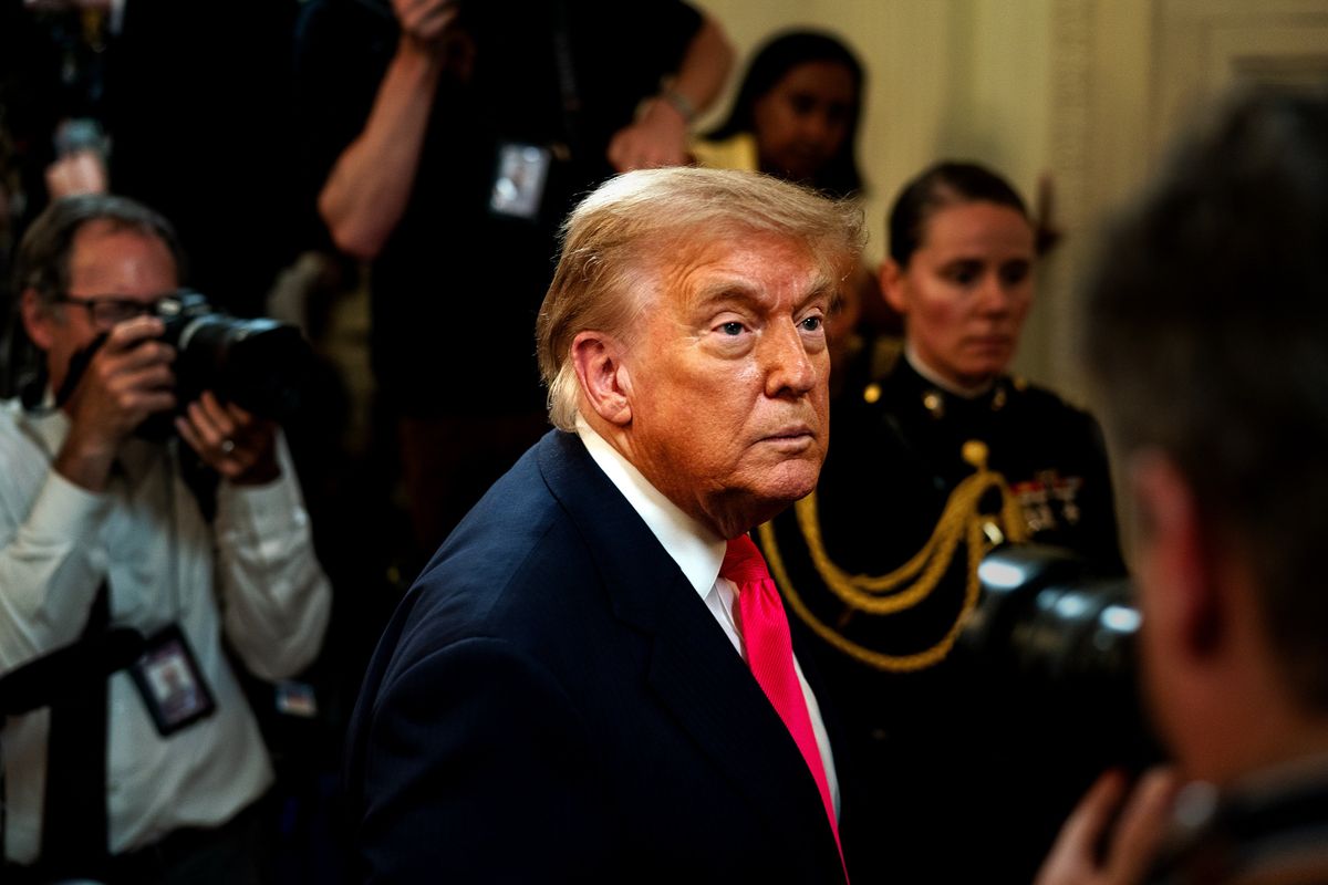 President Donald Trump listens to a question from a reporter after delivering remarks advocating for the One Big Beautiful Bill in the East Room of the White House on June 26. (Demetrius Freeman/The Washington Post)