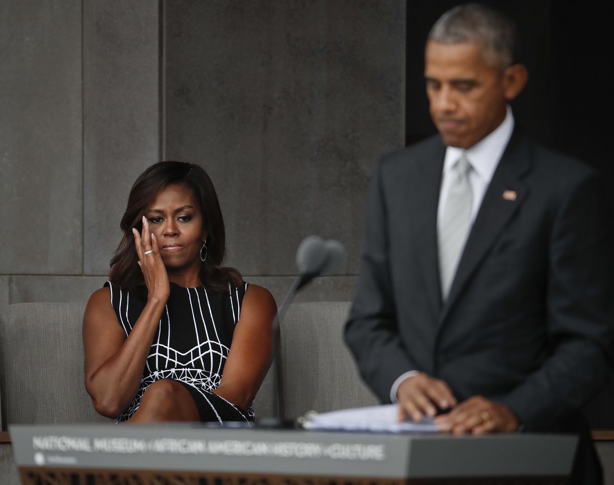 First lady Michelle Obama wipes away tears as she listens to her husband President Barack Obama speak Saturday, Sept. 24, 2016. (Pablo Martinez Monsivais / Associated Press)