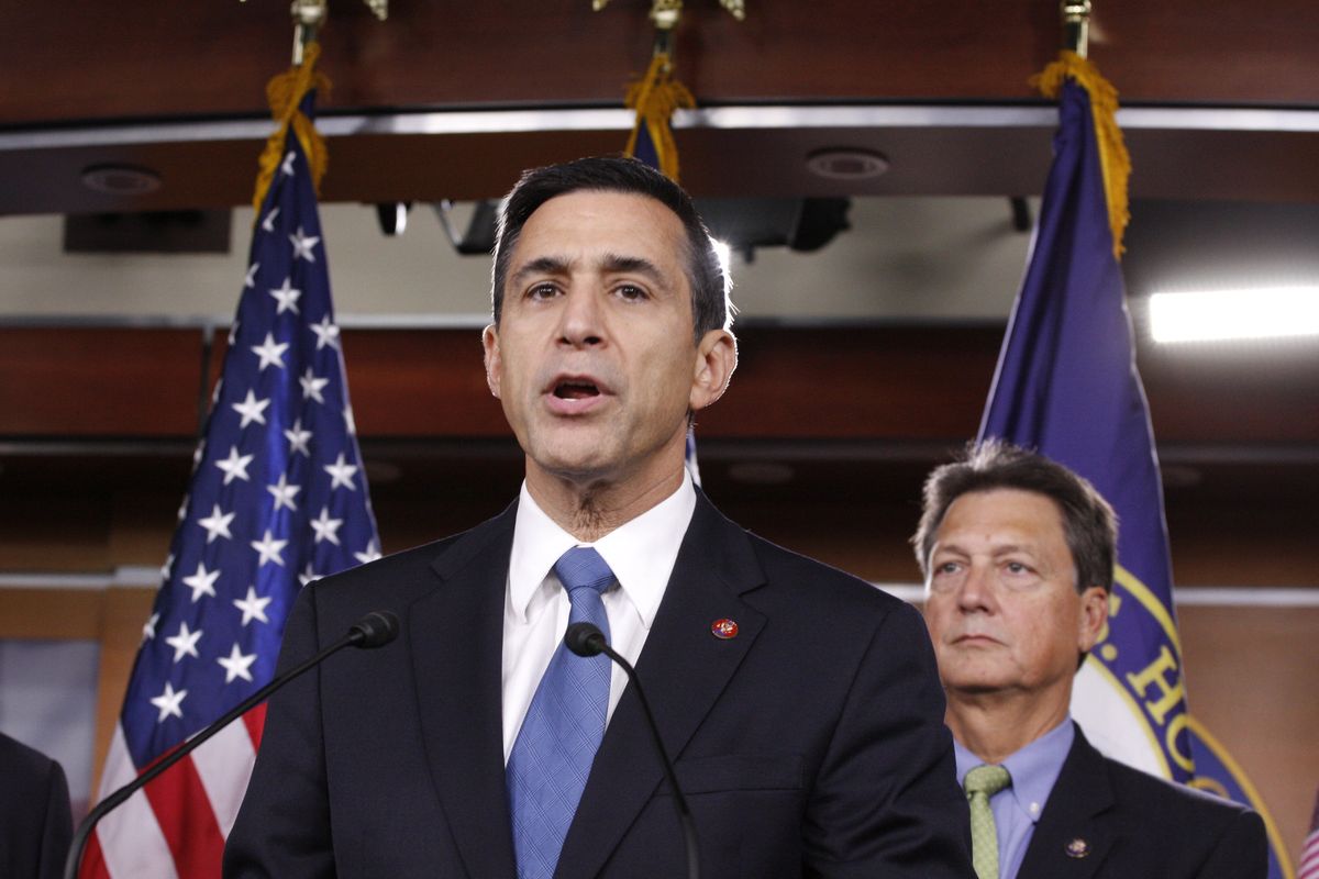 Rep. Darrell Issa, R-Calif., center, discusses the House bill he co-sponsored that would ban federal funding for ACORN,  at a news conference Thursday in Washington. Associated Press photos (Associated Press photos / The Spokesman-Review)