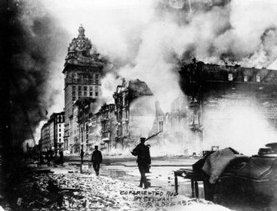 
 Fires rage out of control in San Francisco after the massive earthquake on April 18, 1906. The quake measured 8.3 on the Richter scale. 
 (Associated Press / The Spokesman-Review)