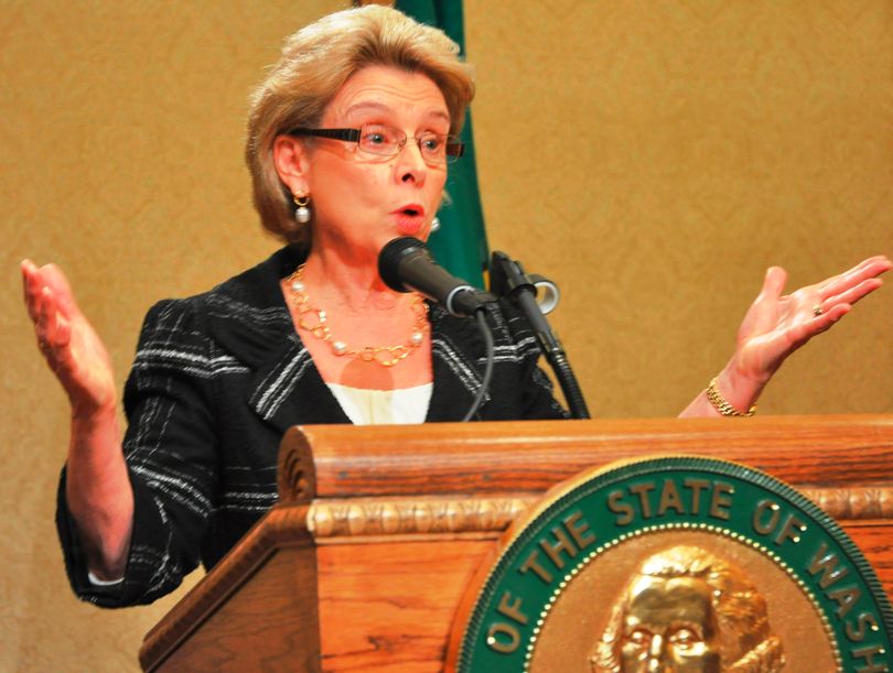 Gov. Chris Gregoire talks about reforms in the state's unemployment insurance and workers comp systems at a press conference on Dec. 1, 2011 (Jim Camden)