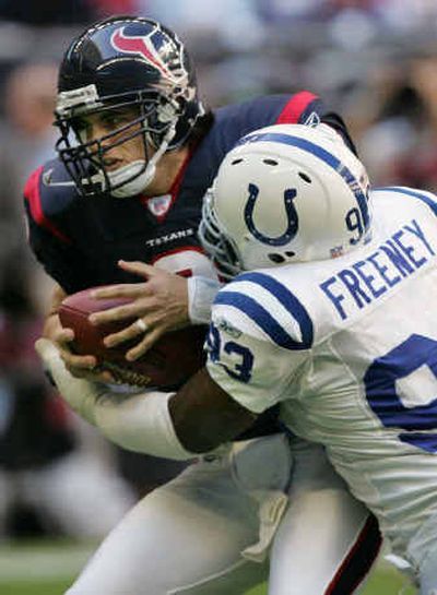 
Houston's David Carr is one of the opposing quarterbacks  devoured by the Indianapolis Colts' Dwight Freeney. 
 (Associated Press / The Spokesman-Review)