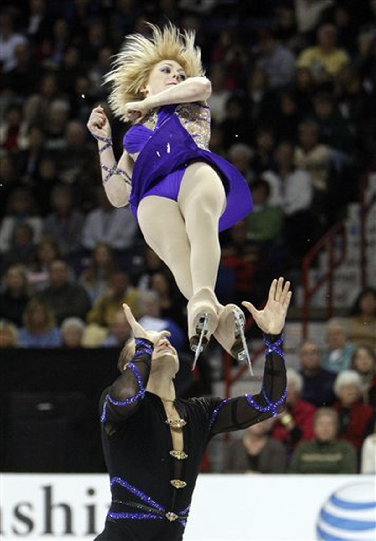 Caydee Denney and Jeremy Barrett compete during the pairs free skate competition at the U.S. figure skating championships in Spokane, Wash., Saturday, Jan. 16, 2010. (Rick Bowmer / Associated Press)