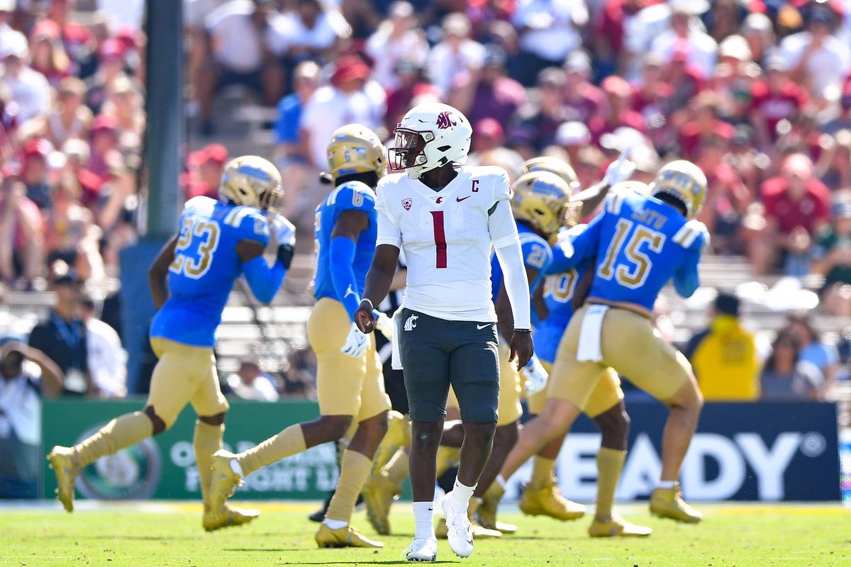 Washington State Cougars quarterback Cameron Ward (1) reacts after throwing his first interception of the season during the first half of a college football game on Saturday, Oct. 7, 2023, at Rose Bowl Stadium in Pasadena, Calif.  (Tyler Tjomsland/The Spokesman-Review)