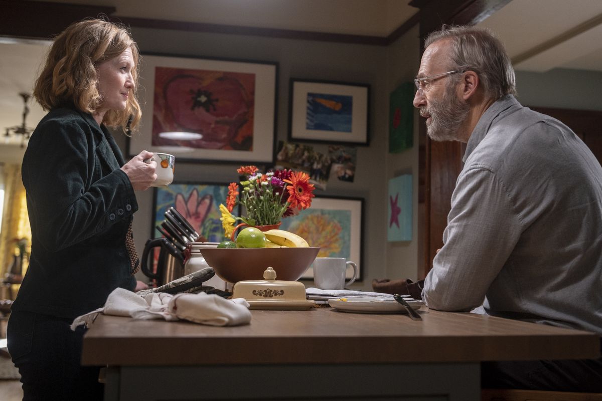 Mireille Enos as Lily and Bob Odenkirk as Hank in the new AMC series “Lucky Hank.”  (Sergei Bachlakov/AMC)